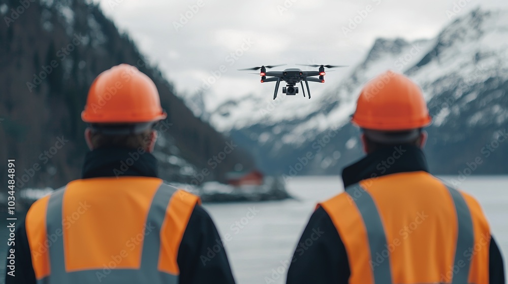 Two workers in orange vests and helmets observe a drone flying over a scenic, mountainous landscape near a body of water. Two workers in orange vests and helmets observe a drone flying over a scenic, mountainous landscape near a body of water.