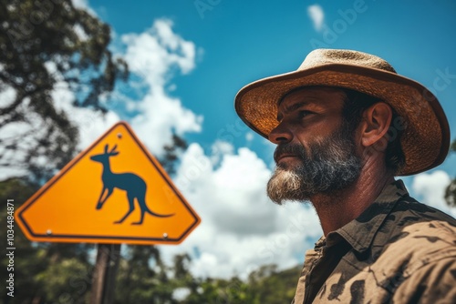 Man with hat near kangaroo crossing sign in australian outback landscape photo