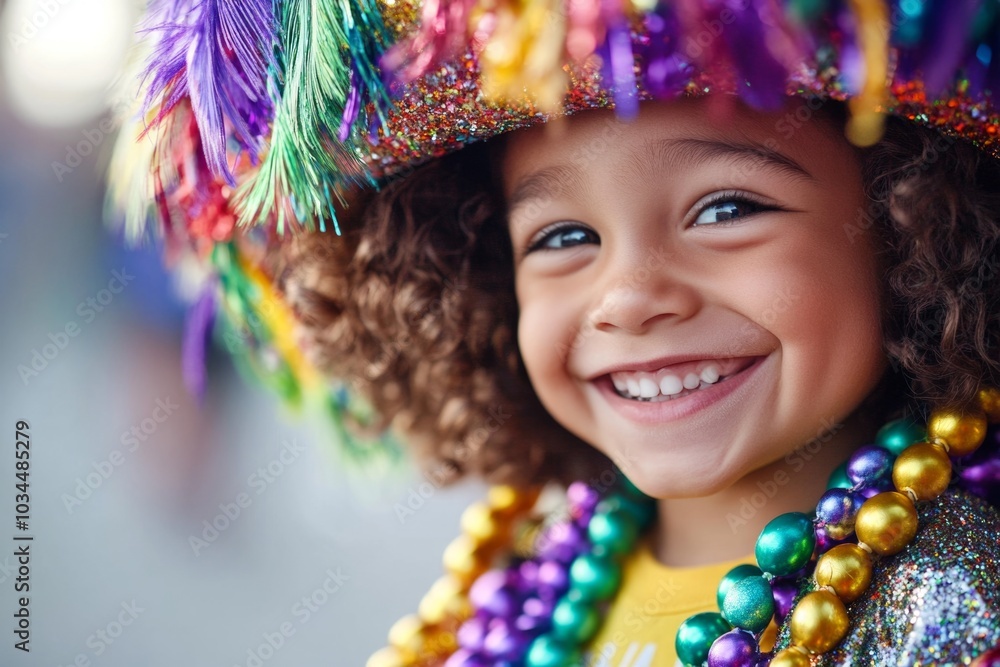 Joyful child in colorful beads and hat celebrating carnival with a radiant smile Joyful child in colorful beads and hat celebrating carnival with a radiant smile
