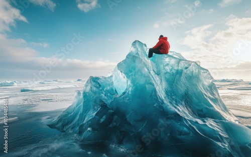 A man in a red jacket sitting on top of an icy mountain, with an Icelandic blue sea in the background photo