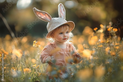 Charming toddler in bunny ears hat enjoying a sunny flower field