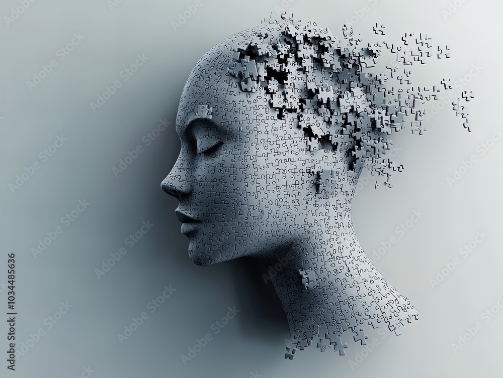 Intriguing Human Profile Made of Gray Puzzle Pieces: A Stylish Poster Blending Creativity and Chaos for Modern Interior Décor and Artistic Spaces Intriguing Human Profile Made of Gray Puzzle Pieces: A Stylish Poster Blending Creativity and Chaos for Modern Interior Décor and Artistic Spaces
