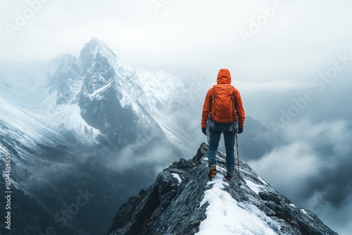 Hiker in an orange jacket standing on a snowy mountain ridge under cloudy skies