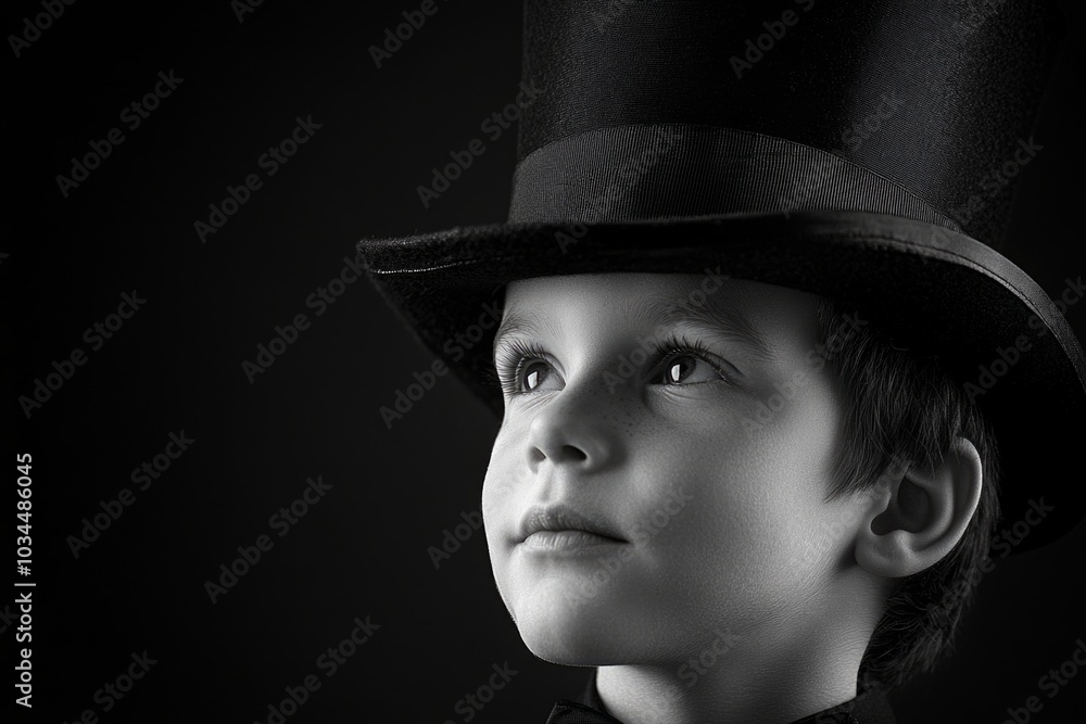 Young boy in top hat looking up in thoughtful black and white portrait Young boy in top hat looking up in thoughtful black and white portrait