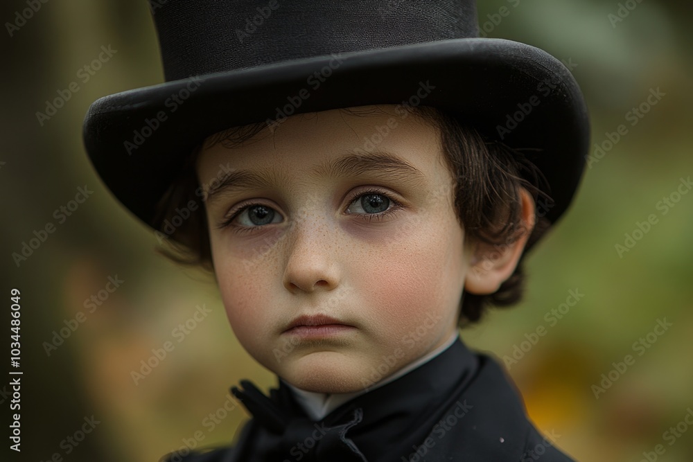 Portrait of a young boy in victorian-era top hat and suit outdoors Portrait of a young boy in victorian-era top hat and suit outdoors