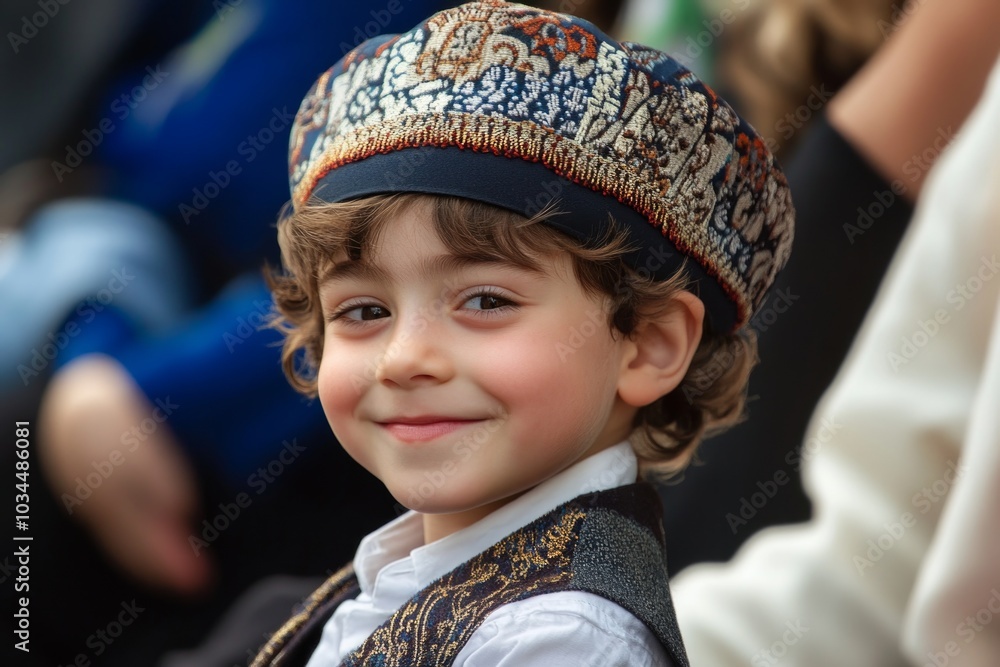 Smiling child in traditional outfit with embroidered cap Smiling child in traditional outfit with embroidered cap