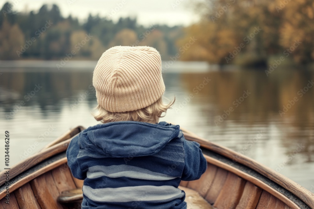 Serene autumn boat ride with child on lake surrounded by colorful trees Serene autumn boat ride with child on lake surrounded by colorful trees