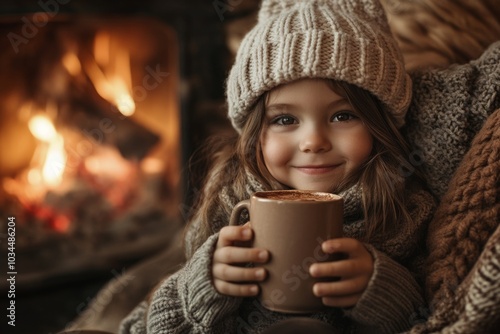 Cozy winter evening by the fireplace: child enjoys hot chocolate in knitted attire photo