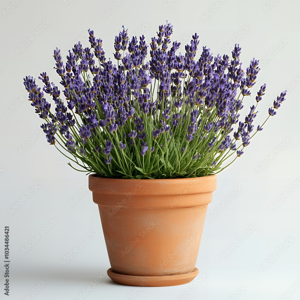 Fototapeta premium A potted lavender plant with purple flowers in a terracotta pot.