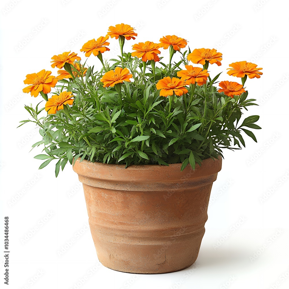 A terracotta pot filled with bright orange flowers. A terracotta pot filled with bright orange flowers.