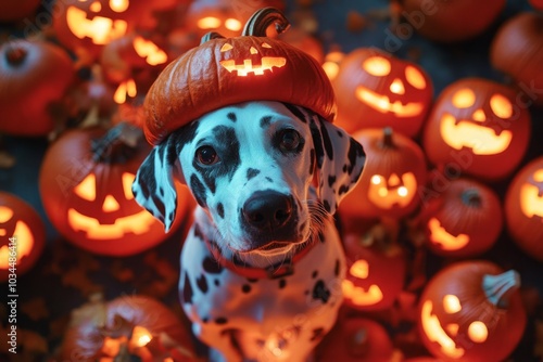 Adorable dalmatian surrounded by glowing jack-o'-lanterns on halloween night photo