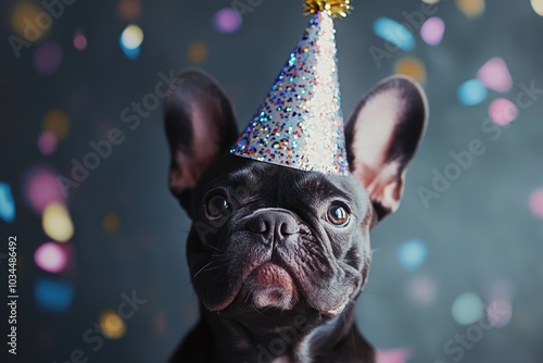 Adorable french bulldog in sparkly party hat with confetti celebration photo