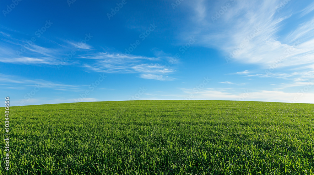 Beautiful grassy field with a blue sky and white clouds in the background. The green meadow is seen from above, creating an endless horizon. Beautiful grassy field with a blue sky and white clouds in the background. The green meadow is seen from above, creating an endless horizon.