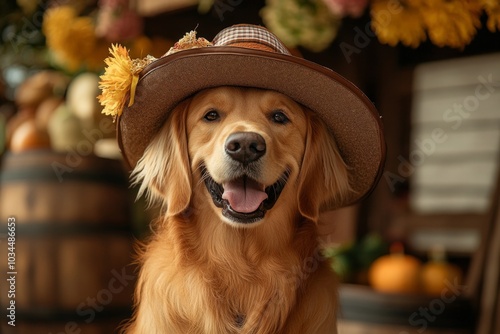 Golden retriever in a stylish hat surrounded by autumn decor photo