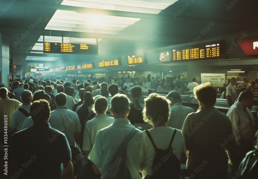 A bustling airport security line with people standing in long queues The background features the interior of an American airport terminal Generative AI A bustling airport security line with people standing in long queues The background features the interior of an American airport terminal Generative AI