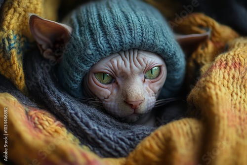 Cozy hairless cat in knitted hat and blanket with relaxed expression photo