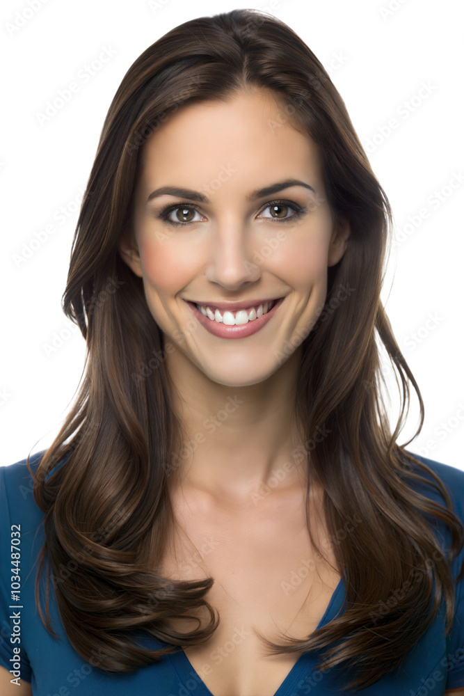 Smiling woman with long hair in blue attire Smiling woman with long hair in blue attire