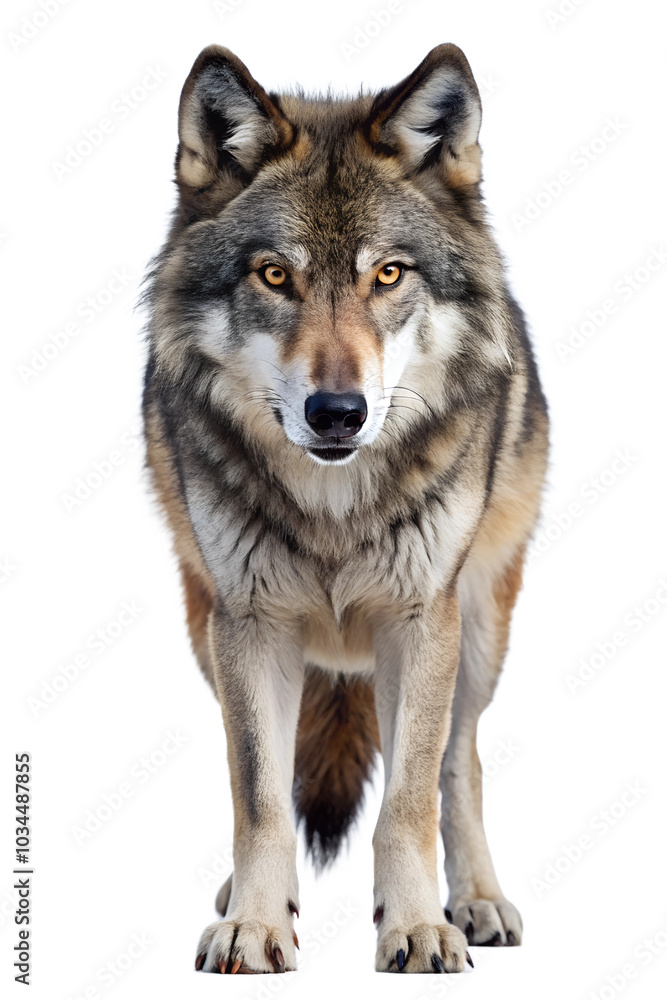 A striking wolf stands alert with a piercing gaze A striking wolf stands alert with a piercing gaze