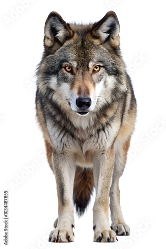 A striking wolf stands alert with a piercing gaze photo