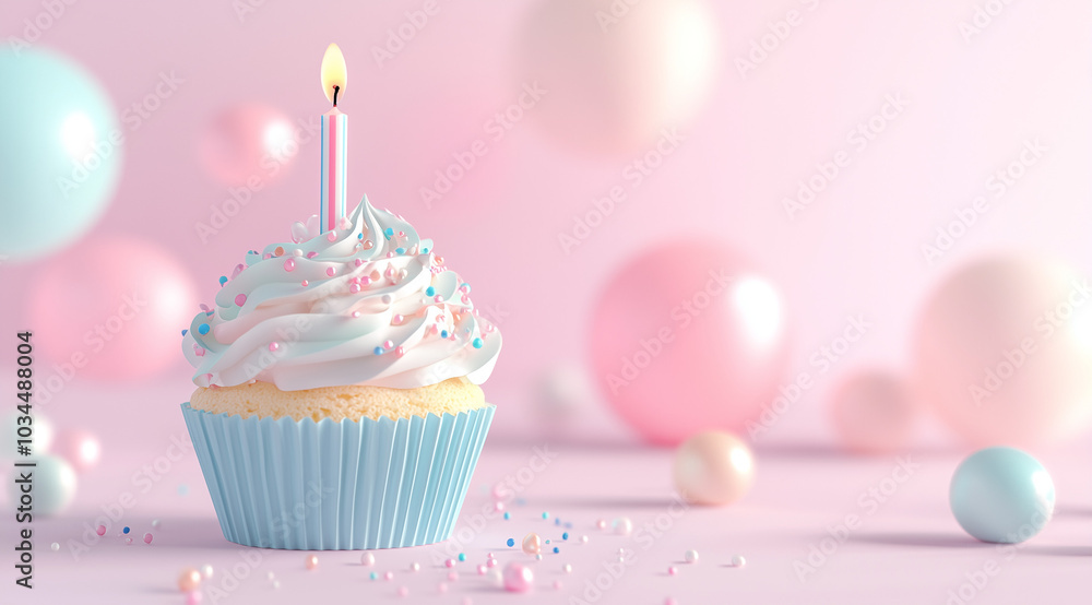 A cupcake with one candle on it, positioned on the right side of the frame, against a pastel blue and pink background. A cupcake with one candle on it, positioned on the right side of the frame, against a pastel blue and pink background.