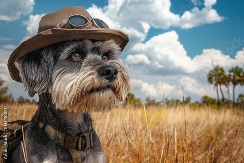 Adventurous dog in safari hat enjoying a sunny day in the wilderness