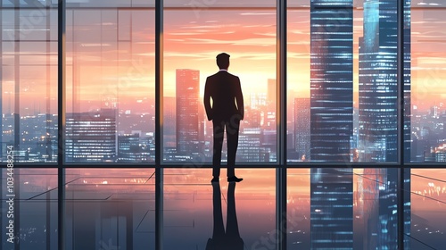 A businessman stands in front of a large window, looking out at the city skyline. The sun is setting, casting a warm glow over the cityscape.