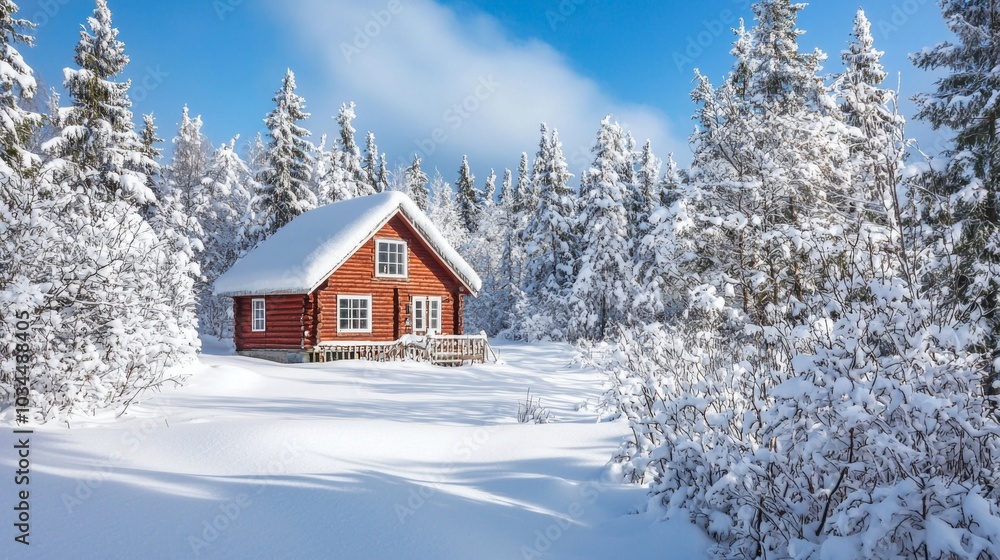 Winter wonderland scene with snow-laden branches and a cozy cabin. Wooden hut in a snowy forest Winter wonderland scene with snow-laden branches and a cozy cabin. Wooden hut in a snowy forest