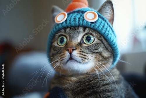 Adorable tabby cat in cozy knitted hat with pom-poms and playful expression photo