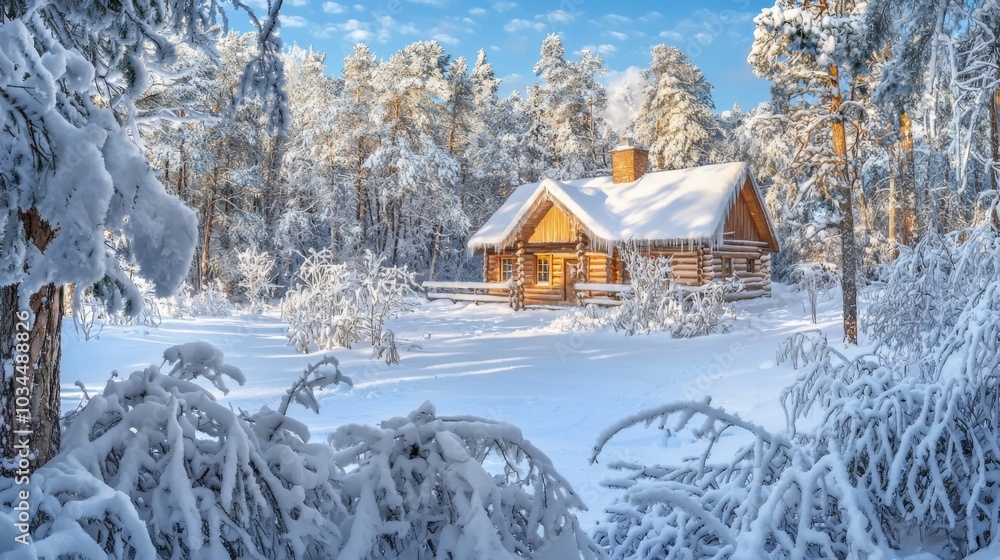 Winter wonderland scene with snow-laden branches and a cozy cabin. Wooden hut in a snowy forest Winter wonderland scene with snow-laden branches and a cozy cabin. Wooden hut in a snowy forest