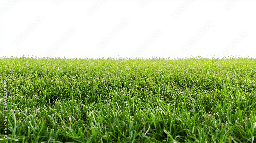 Obraz premium Beautiful grassy field with a blue sky and white clouds in the background. The green meadow is seen from above, creating an endless horizon.