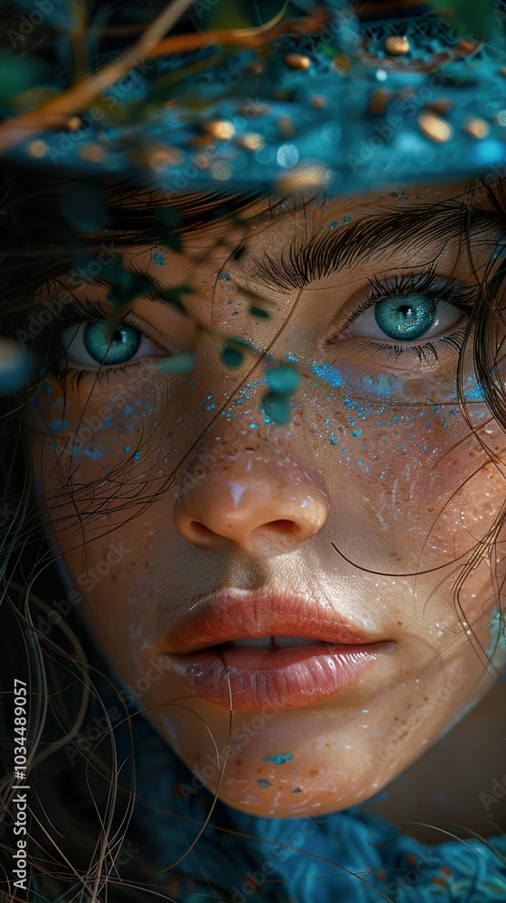 Close-up Portrait of a Woman with Blue Eyes and Glitter Makeup Close-up Portrait of a Woman with Blue Eyes and Glitter Makeup
