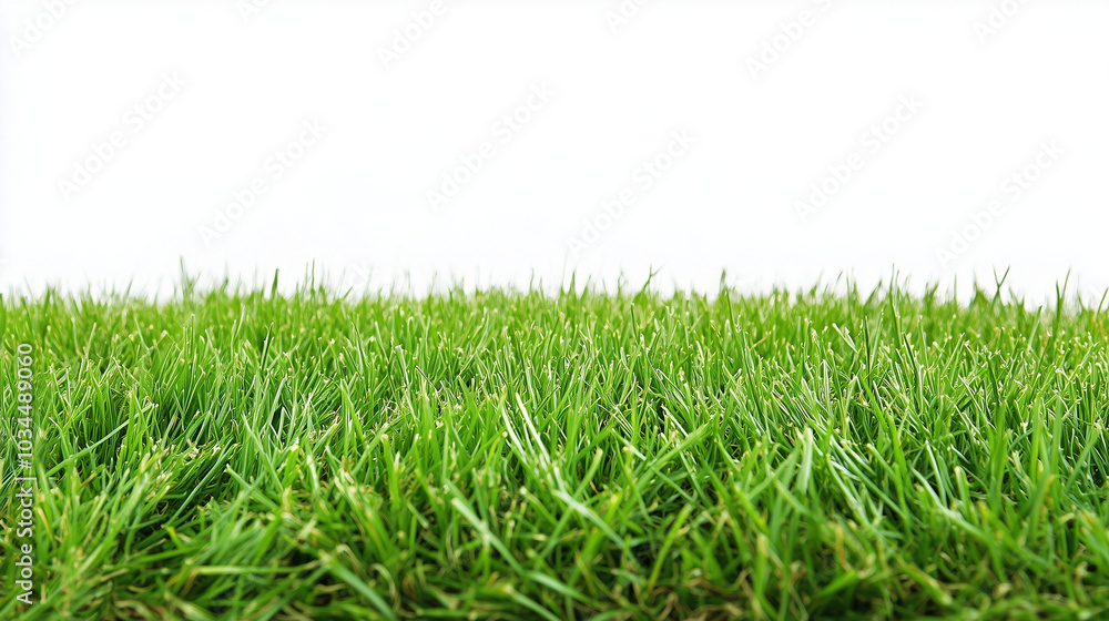 Fototapeta premium Beautiful grassy field with a blue sky and white clouds in the background. The green meadow is seen from above, creating an endless horizon.