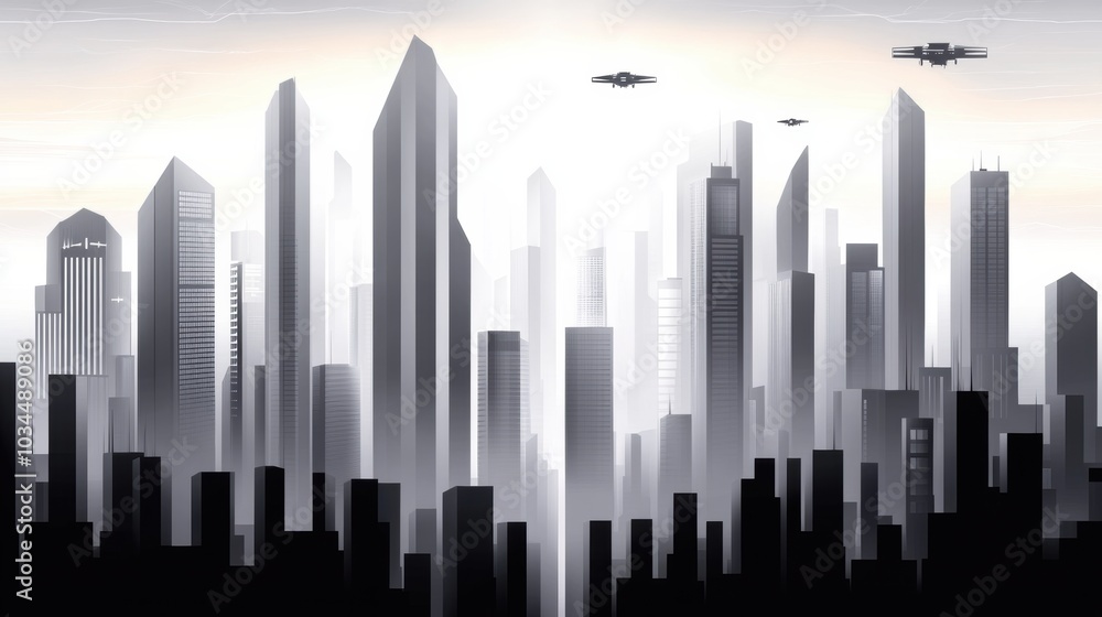 Obraz premium Futuristic cityscape with towering skyscrapers and flying drones in a misty atmosphere, AI