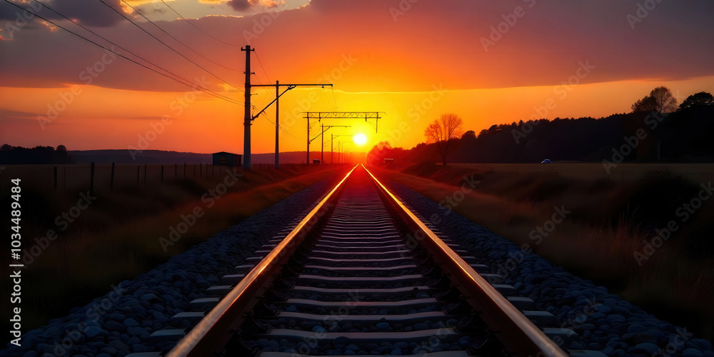 Obraz premium A railway track stretching into the sunset, bathed in warm hues of orange and pink, creating a serene and nostalgic atmosphere perfect for travel and adventure
