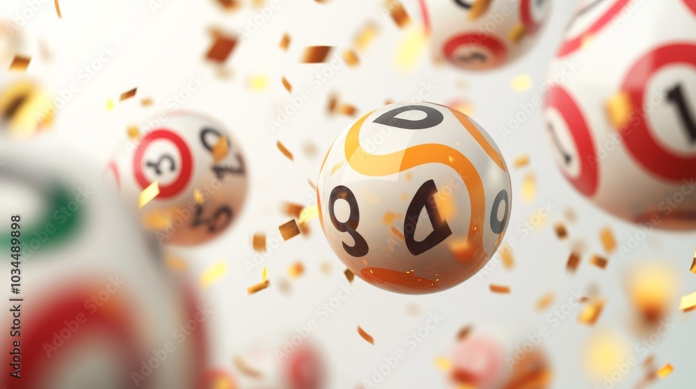 Obraz premium Lottery balls 3d vector bingo, lotto or keno gambling games colourful spheres with lucky numbers of winning combination falling with gold confetti. Gaming leisure activity recreation, lottery raffle 