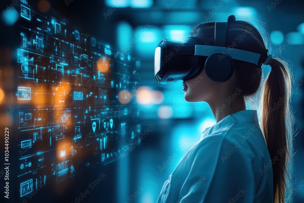 A woman explores virtual reality technology while wearing a headset in a modern setting at night A woman explores virtual reality technology while wearing a headset in a modern setting at night