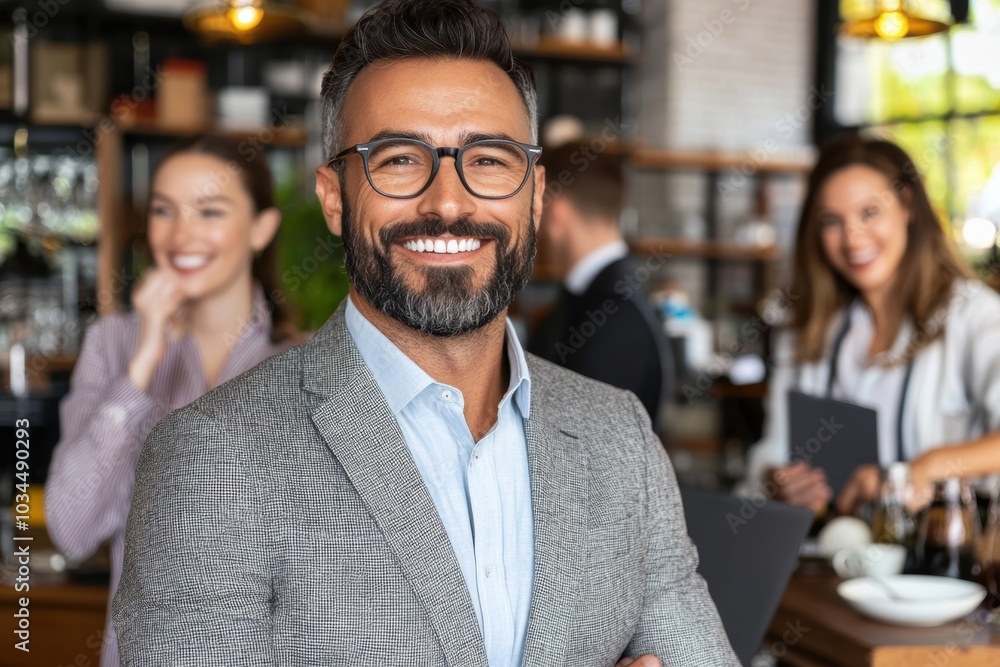 Man with a beard and glasses standing in front of a group of people - People Man with a beard and glasses standing in front of a group of people - People