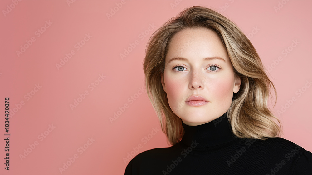 Portrait of woman with blonde hair styled in soft waves wearing black turtleneck against pastel pink background capturing timeless beauty and refined elegance, beauty fashion wellness Portrait of woman with blonde hair styled in soft waves wearing black turtleneck against pastel pink background capturing timeless beauty and refined elegance, beauty fashion wellness