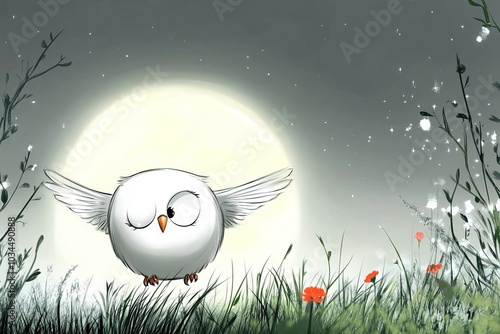 Cute cartoon owl winking in a whimsical children's illustration under a glowing full moon. photo