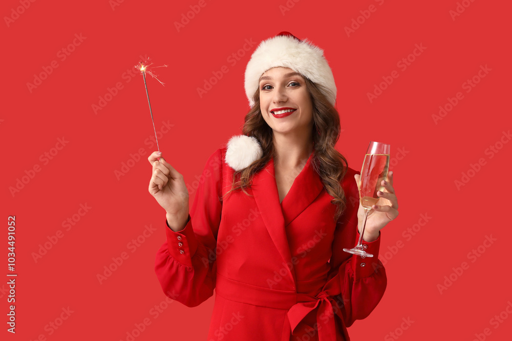 Φωτογραφία Young woman in Santa hat with sparkler and glass of champagne on red background