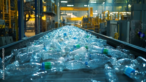 This picture shows a conveyor belt filled with pet plastic bottles, which illustrates the process of reclaiming plastic waste.