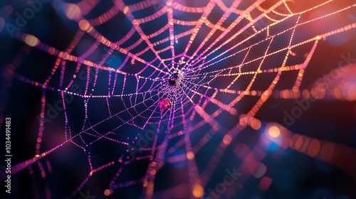 Brightly colored spiderweb featuring complex designs illuminated by neon lights