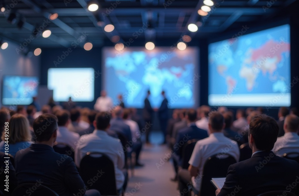 Naklejka premium Defocused background of medical conference or healthcare event. Hospital symposium, scientific exhibition, or pharmaceutical presentation. Professional networking or industry trade show concept 