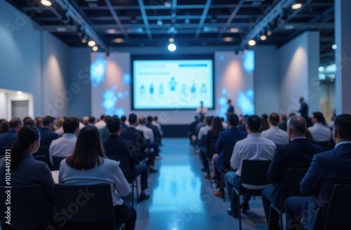 Defocused background of medical conference or healthcare event. Hospital symposium, scientific exhibition, or pharmaceutical presentation. Professional networking or industry trade show concept 