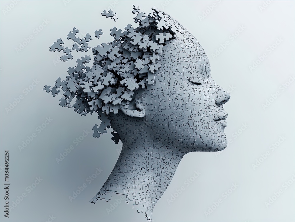 Intricate Gray Puzzle Head Sculpture: A Serene Expression Amidst Fragmentation - Perfect for Modern Sports Interior Posters and Art Decor Intricate Gray Puzzle Head Sculpture: A Serene Expression Amidst Fragmentation - Perfect for Modern Sports Interior Posters and Art Decor