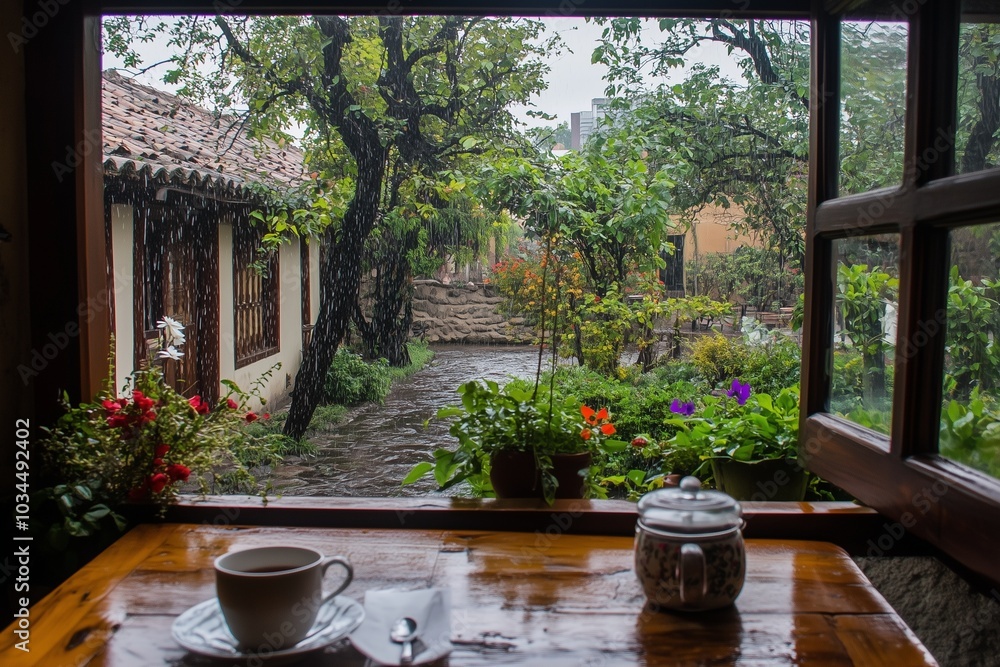 Rainy Day View from a Cozy Room in a small Mexican Town. Café on Table by Window Rainy Day View from a Cozy Room in a small Mexican Town. Café on Table by Window