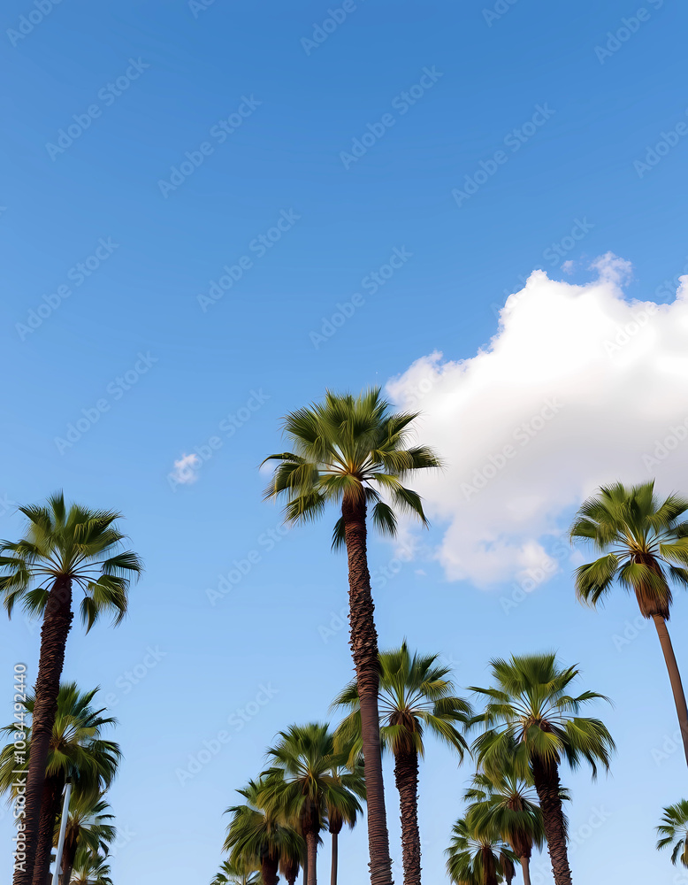 Vibrant palm trees set against a serene blue sky filled with scattered clouds, generative ai Vibrant palm trees set against a serene blue sky filled with scattered clouds, generative ai