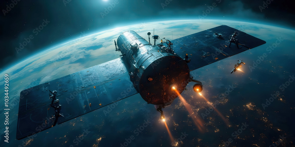 Satellite surveillance over a war zone, showcasing high-tech military ...