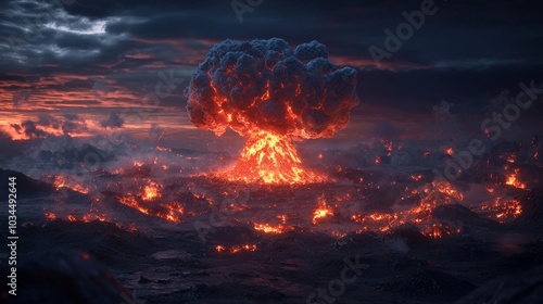 Stormy sky with a fiery mushroom cloud and dark smoke depicting an atomic bomb explosion.