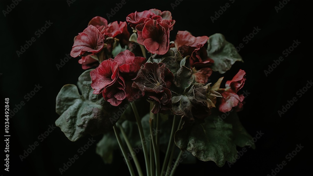 Dark red flowers with green leaves against a black background Dark red flowers with green leaves against a black background